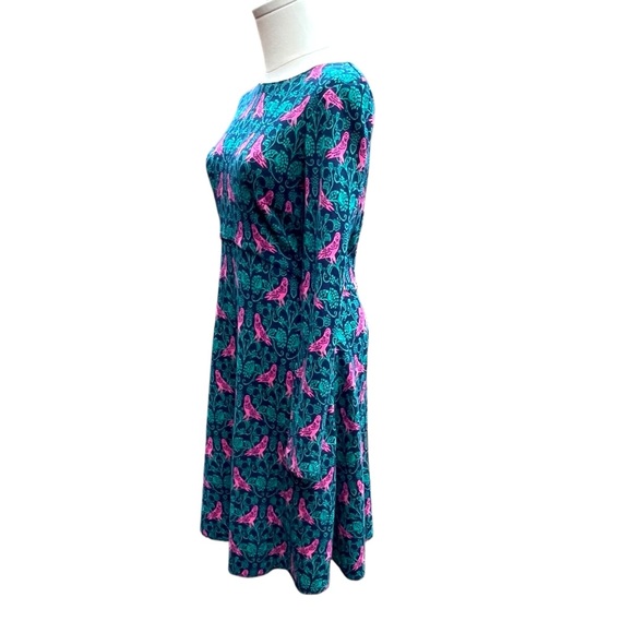 Boden Annie Jacquard A-Line Long Sleeve Teal and Pink Bird Print Dress Size 6R - Picture 5 of 16
